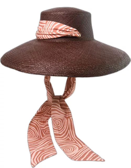 Lampshade Cordovan Straw Large Brim Hat With a Printed Band