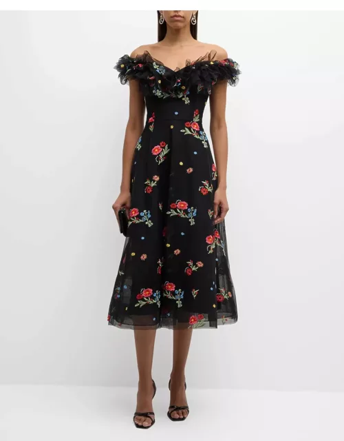 Floral-Embroidered Off-Shoulder Midi Dres