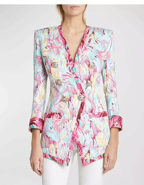 Feather-Print Collarless Long Double-Breasted Jacket