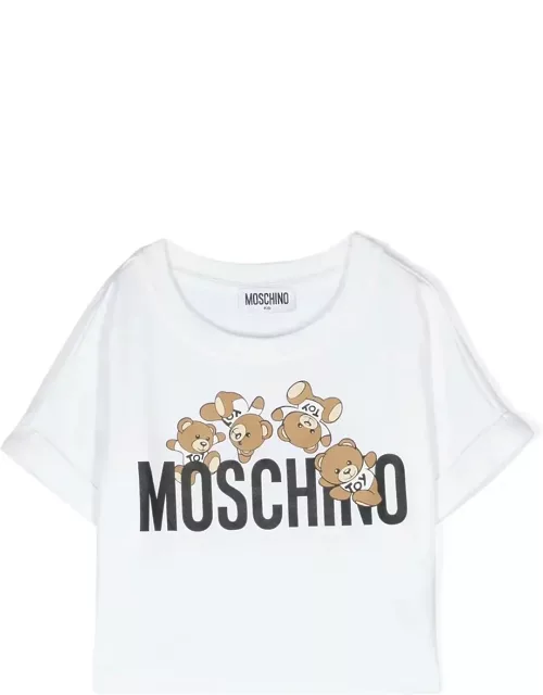 White Crop T-shirt With Moschino Teddy Friends Print
