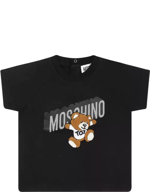Moschino T-shirt Nera Per Neonati Con Teddy Bear E Logo
