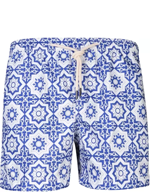 Peninsula Swimwear Patterned Swim Trunks In White/blue