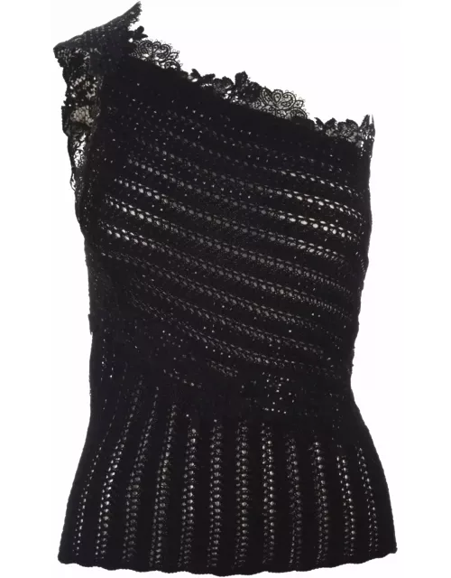 Ermanno Scervino Black Cotton Top With Lace And Crystal