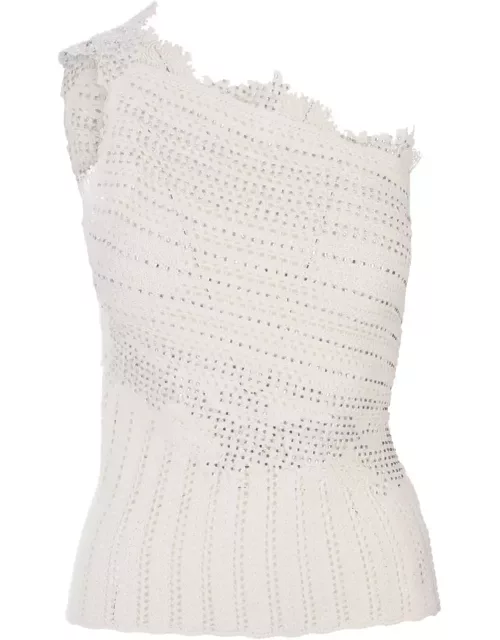 Ermanno Scervino White Cotton Top With Lace And Crystal