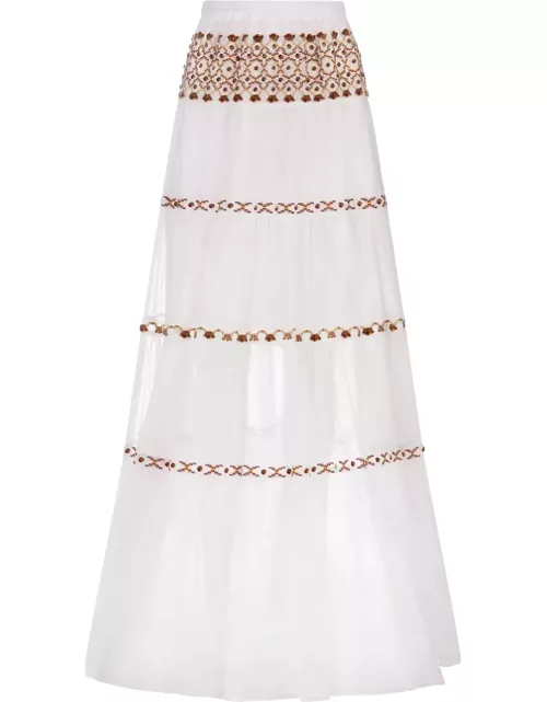 Ermanno Scervino White Muslin Long Skirt With Ethnic Embroidery