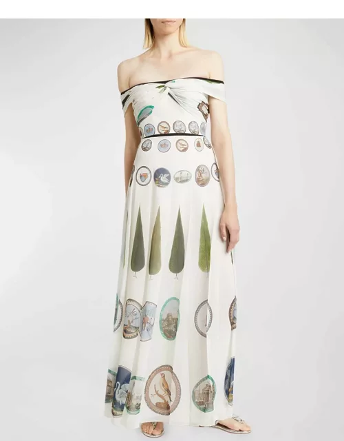 Mosaic-Print Twisted Off-The-Shoulder Pleated Maxi Dres
