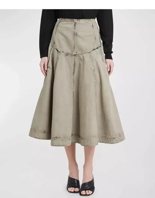 Drop-Waist Acid Wash Denim Midi Skirt