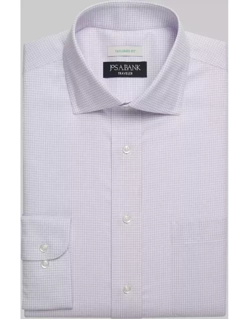 JoS. A. Bank Men's Traveler Collection Tailored Fit Small Grid Dress Shirt, Pink, 17 34