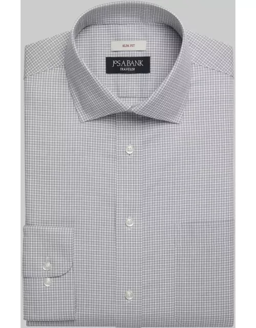JoS. A. Bank Men's Traveler Collection Slim Fit Small Check Dress Shirt, Grey, 17 1/2 34