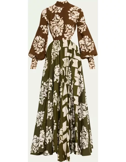 Alicia Floral Cotton Cutout Bishop-Sleeve Maxi Dres