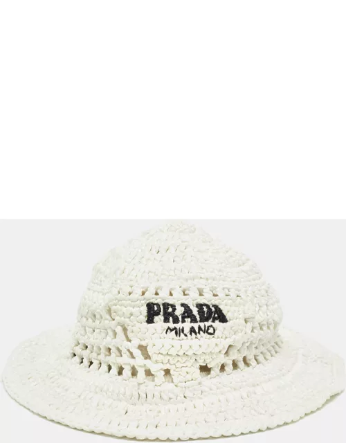 Prada White Raffia Crochet Bucket Hat