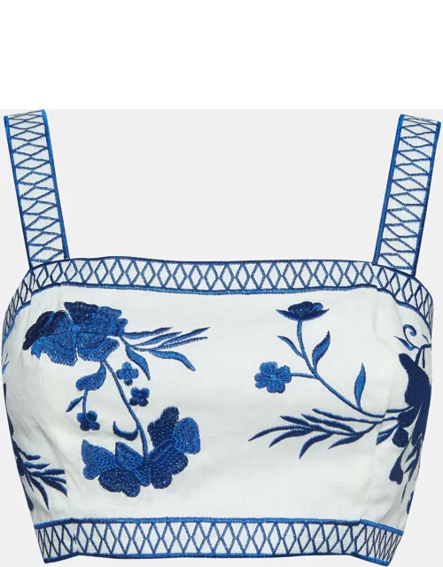 Alexis White/Blue Embroidered Linen Crop Top