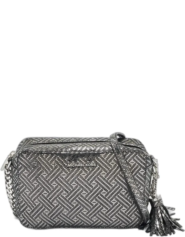 Michael Kors Metallic Grey Textured Leather Ginny Camera Crossbody Bag