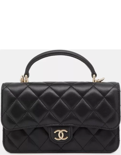 Chanel Black Leather Top Handle Phone Holder Flap Bag