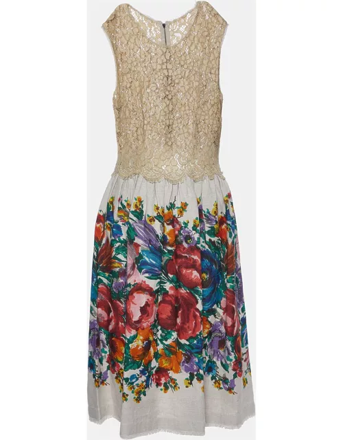 Dolce & Gabbana Beige Floral Print Linen & Lace Sleeveless Dress