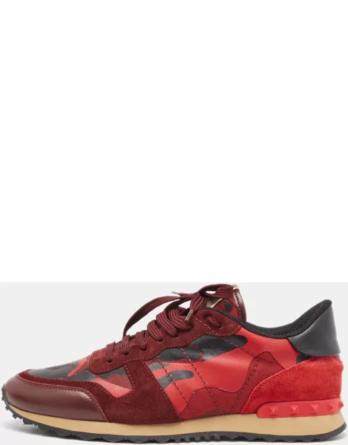 Valentino Red Camouflage Leather Canvas and Suede Rockrunner Sneaker
