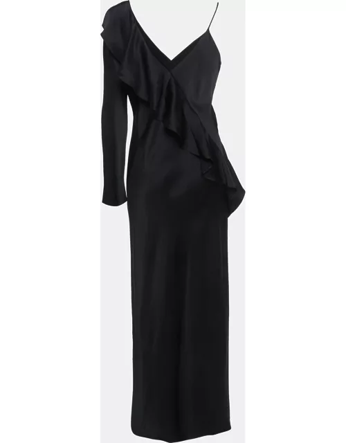 Diane Von Furstenberg Black Satin Asymmetric Sleeve Ruffled Maxi Dress