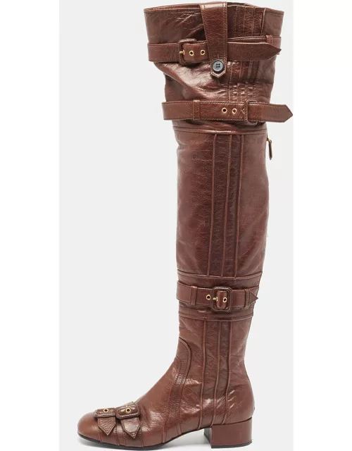Prada Brown Leather Buckle Over The Knee Boot