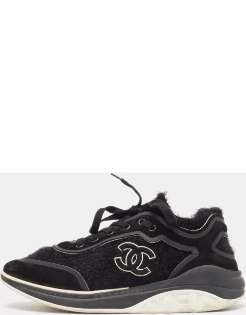 Chanel Black Tweed and Suede CC Lace-Up Sneaker