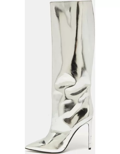 Balenciaga Silver Leather Knee Length Boot