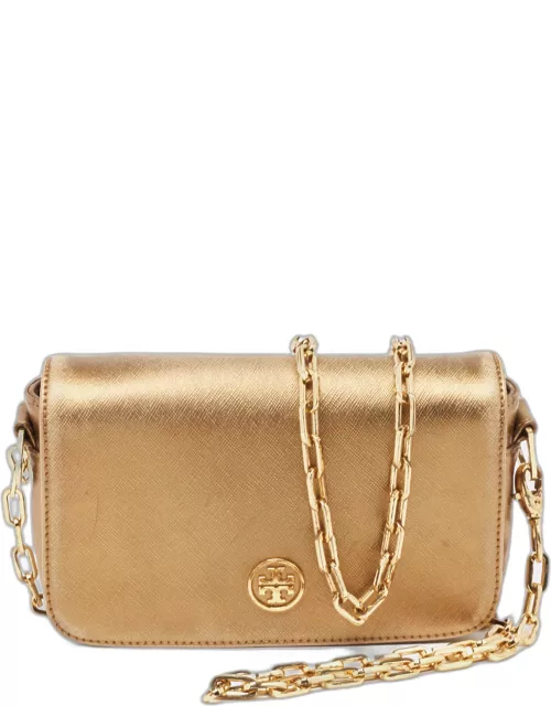 Tory Burch Gold Leather Logo Flap Chain Bag