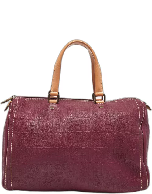 Carolina Herrera Burgundy/Beige Monogram Leather Large Andy Boston Bag