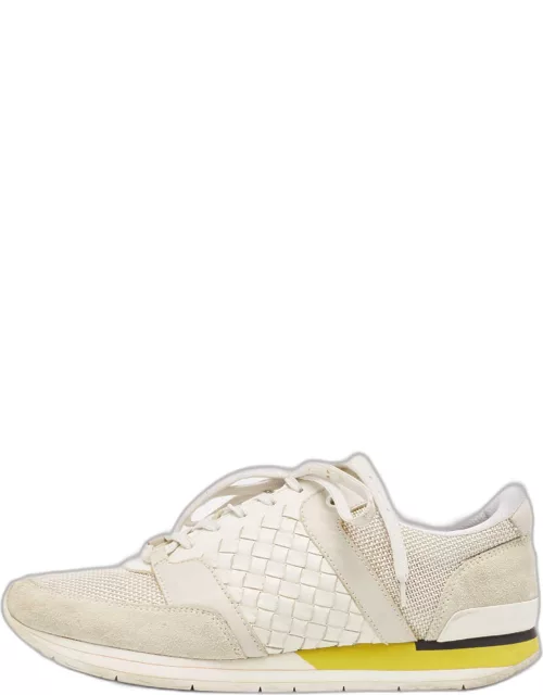 Bottega Veneta White/Grey Intrecciato Leather and Suede Lace Up Sneaker