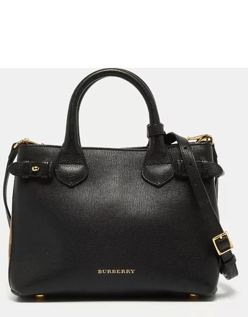 Burberry Black/Beige Leather and House Check Fabric Small Banner Tote
