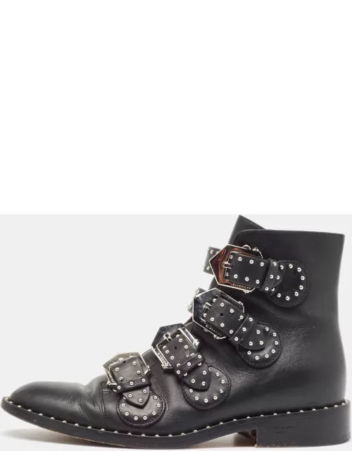 Givenchy Black Leather Studded Buckle Detail Ankle Boot