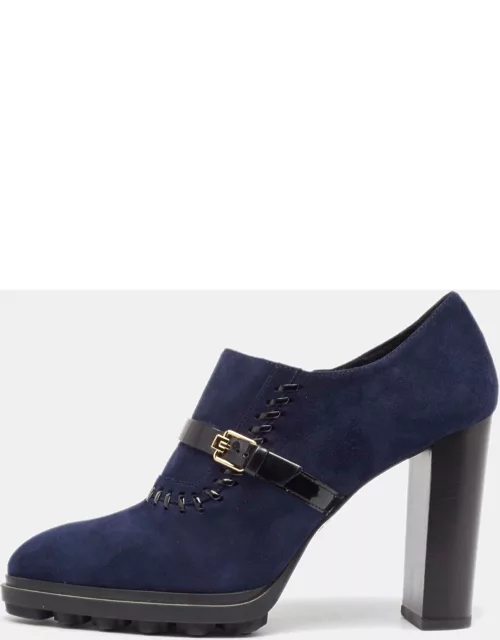 Tod's Navy Blue/Black Suede And Patent Leather Whipstitch Detail Ankle Bootie