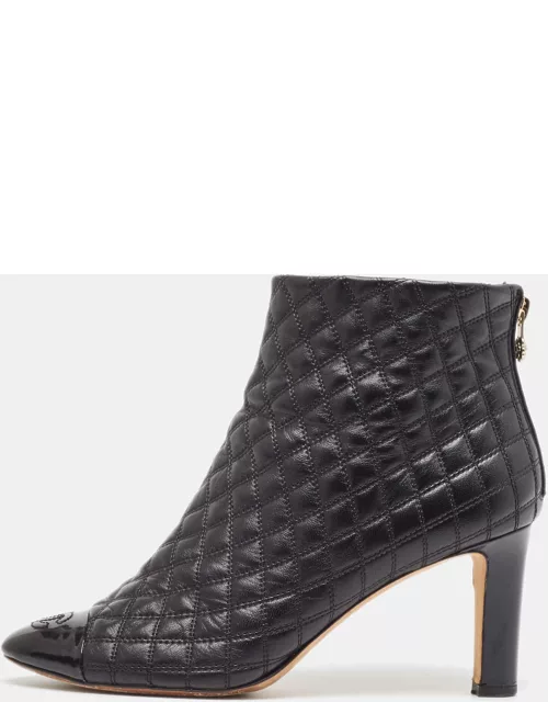 Chanel Black Quilted Leather and Patent Cap Toe CC Ankle Bootie