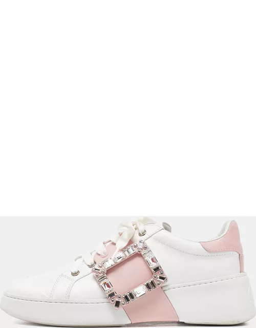 Roger Vivier White/Pink Leather Viv' Skate Crystal Embellished Low Top Sneaker
