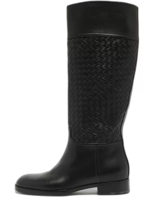 Bottega Veneta Black Leather Intrecciato Buckle Detail Knee Long Boot