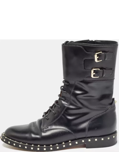 Valentino Black Leather Studded Accents Combat Boot