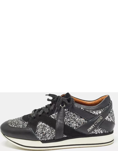 Jimmy Choo Black/Silver Coarse Glitter and Leather Low Top Sneaker