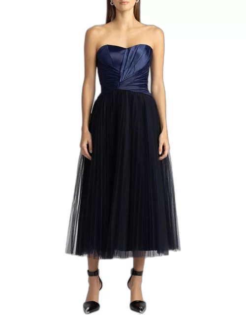 Strapless Pleated Tulle Midi Dres