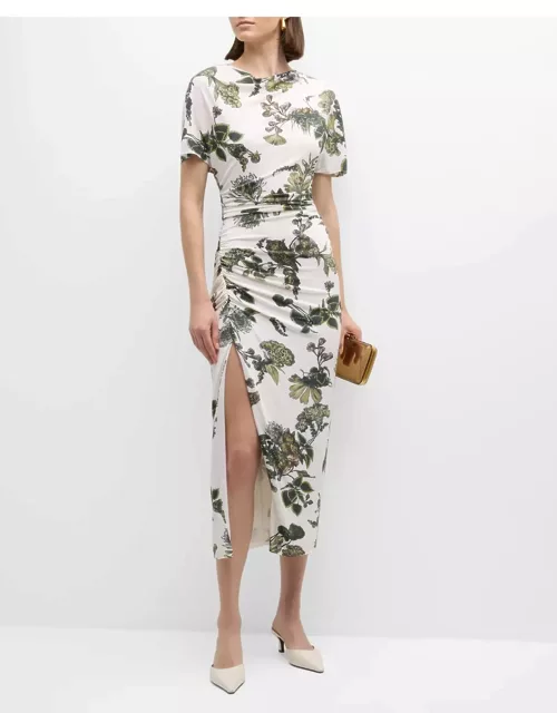 Floral Ruched Jersey Midi Dress with High Slit