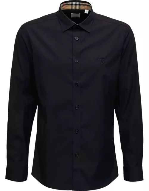 Burberry Mans Black Cotton Polin Shirt With Logo