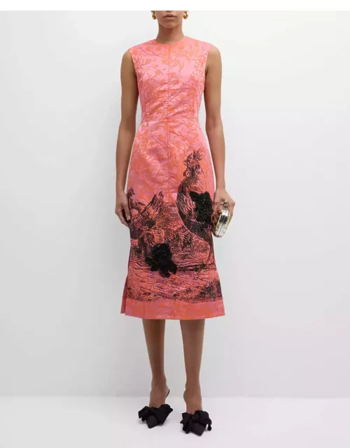 Sequined Chicken-Print Sleeveless Bow Floral Brocade Midi Dres