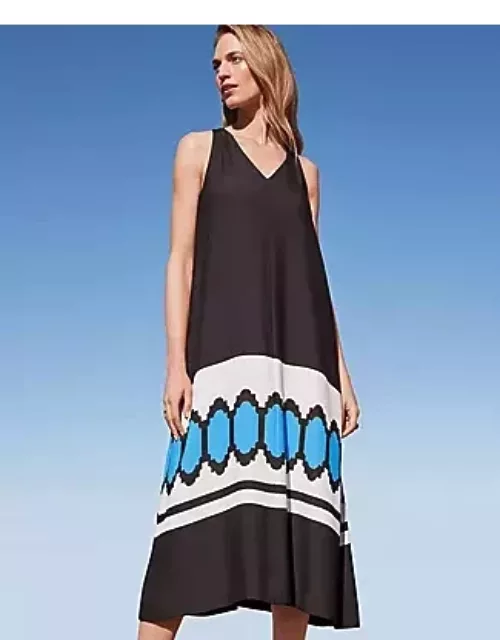 Ann Taylor Petite Geo Border Linen Blend V-Neck Maxi Dres