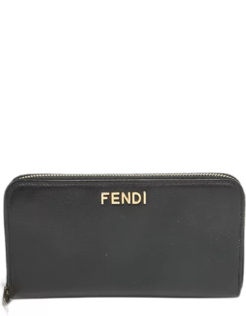 Fendi Black Leather Logo Zip Around Continental Wallet
