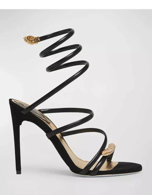 Serpente Leather Crystal Ankle-Wrap Sandal