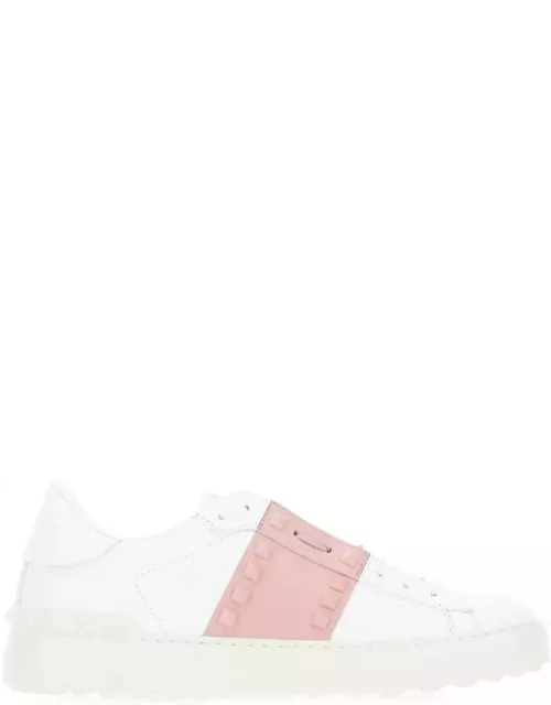Valentino Garavani White Leather Rockstud Untitled Sneakers With Powder Pink Band