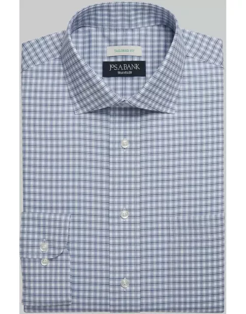 JoS. A. Bank Men's Traveler Collection Tailored Fit Small Check Dress Shirt, Blue, 15 34