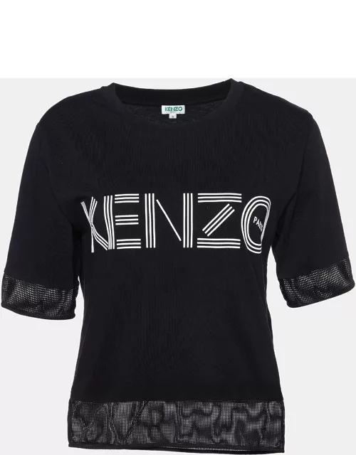Kenzo Black Logo Print Cotton Mesh Detail T-Shirt