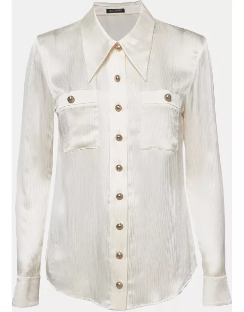 Balmain Ivory White Crinkle Silk Shirt