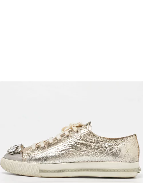 Miu Miu Gold Leather Crystal Embellished Cap-Toe Low-Top Sneaker
