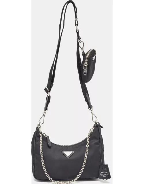 Prada Black Nylon and Leather Re-Edition 2005 Baguette Bag
