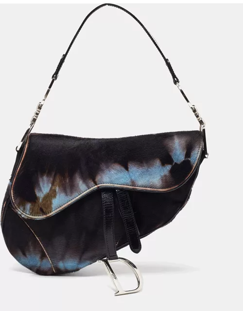 Dior Brown/Blue Pony Hair and Patent Leather Saddle Bag