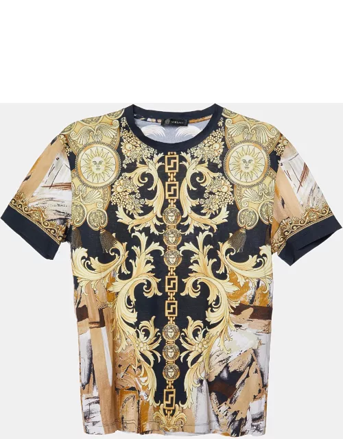 Versace Yellow/Black Baroque Print Cotton Crew Neck T-Shirt